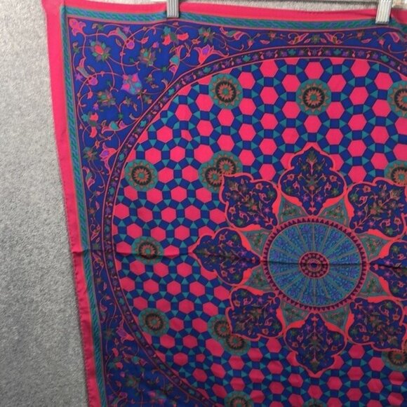 Large Silk Scarf Pink Blue Geometric Medallion Print Square Shawl Wrap - Picture 2 of 7